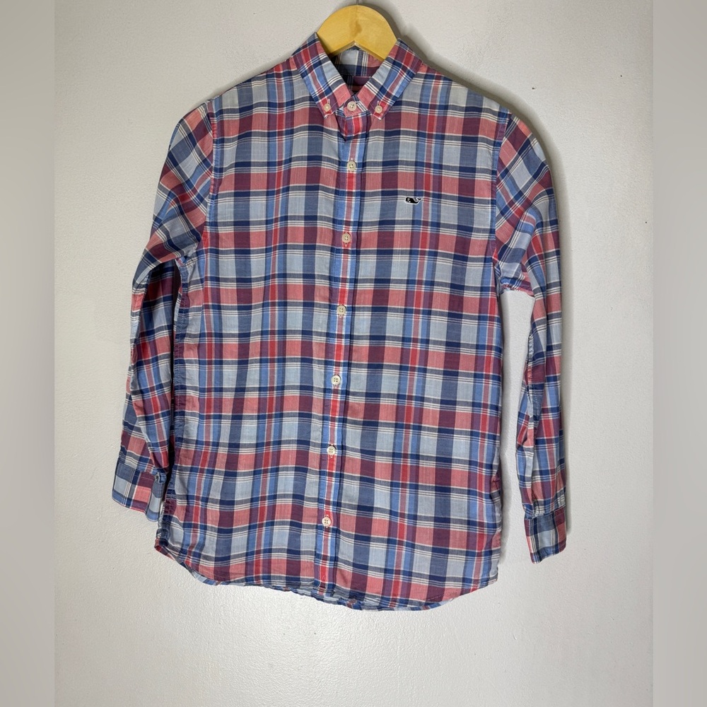 Vineyard Vines Whale Shirt Blue Red Plaid Collar Button Down Boys Medium‎ 12-14